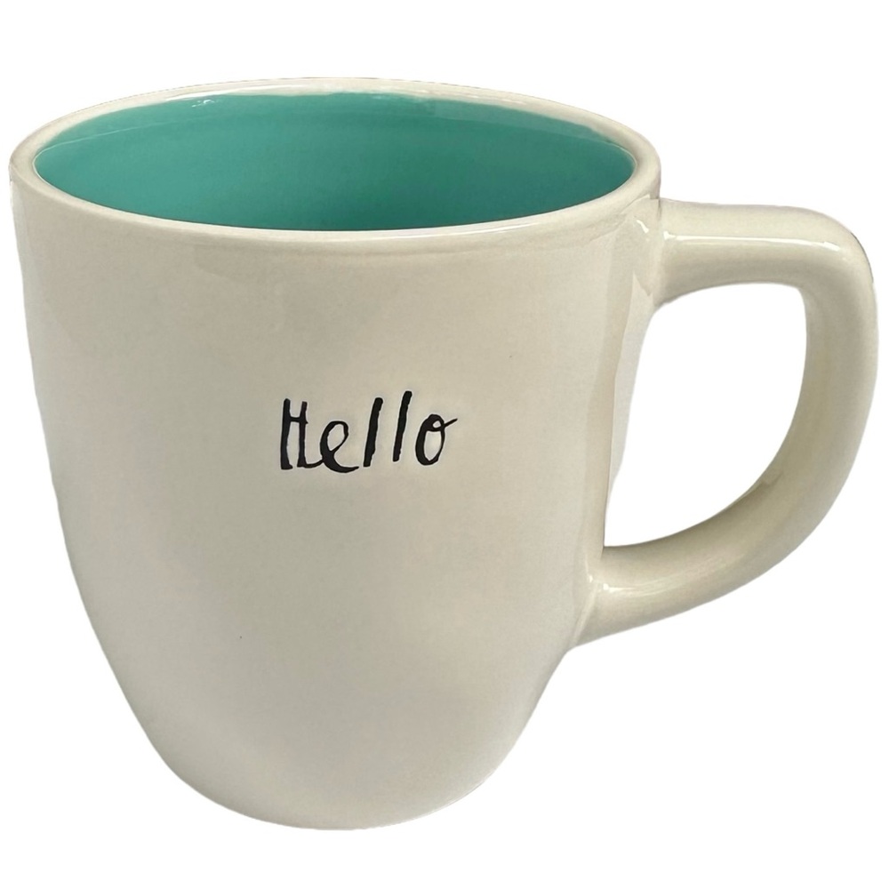 Rae Dunn Hello Mug Coffee Tea White with Aqua Letters Interior Dimples 2017 OG
